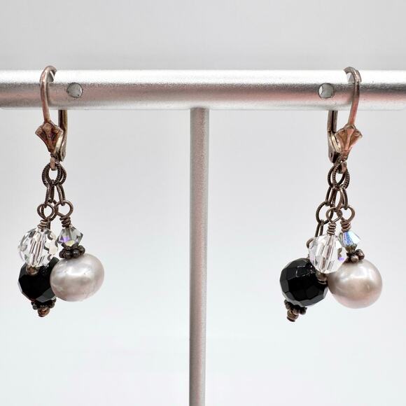 925 Sterling Silver Pearl Crystal Glass Earrings Beaded Cha Cha Holiday Patina - Picture 4 of 12